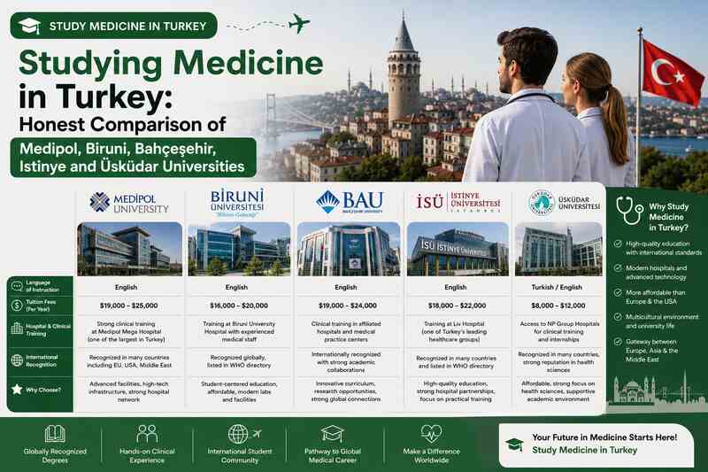Studying Medicine in Turkey: Honest Comparison of Medipol, Biruni, Bahçeşehir, Istinye and Üsküdar Universities FOCUS KEYWORD: study medicine in Turkey